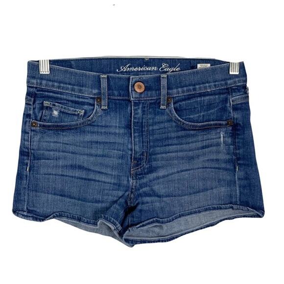 NWOT AMERICAN EAGLE Shorts 6 Denim Stretch Blue Distressed Zip Pocket - Picture 1 of 4